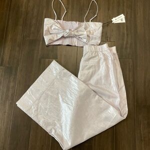 Jason Wu Linen Blend Lavender 2 Piece Wide Leg Pant Bow Crop Top Set Size Large